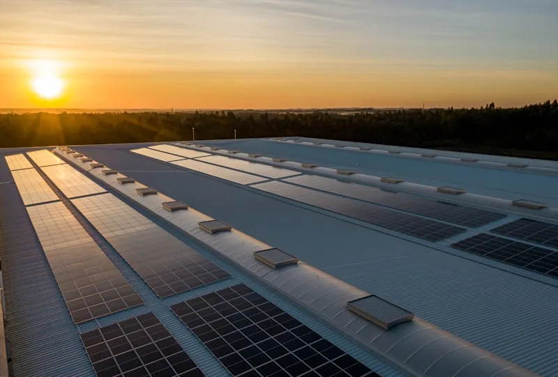 Large commercial rooftop solar installation at sunset