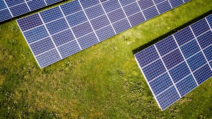 Aerial view of rooftop solar panels