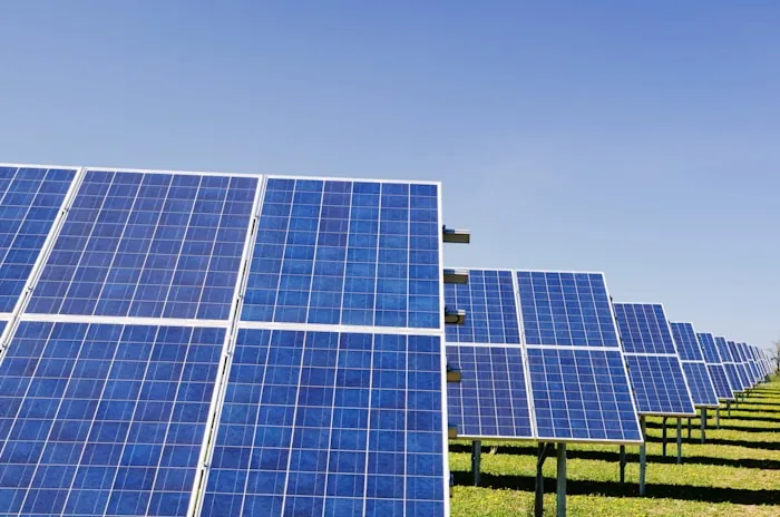 Row of blue solar photovoltaic panels